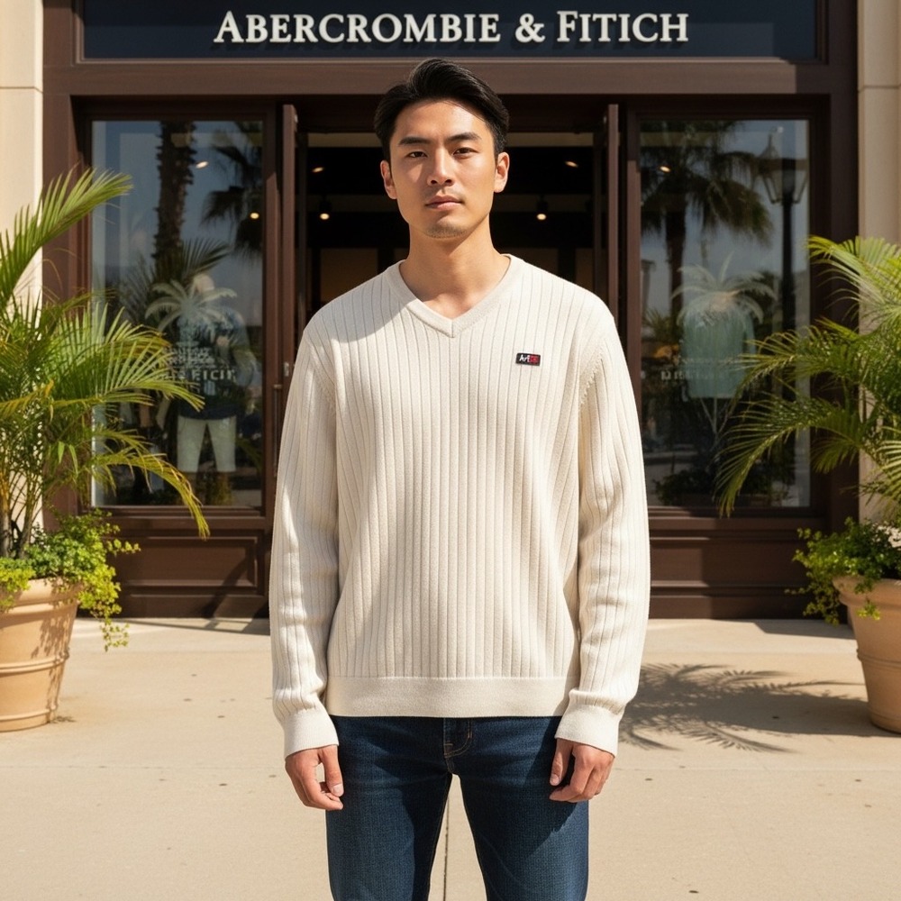 Abercrombie & Fitch Mens V-Neck Ribbed Knit Sweater Cream A+F 92 Logo L Vintage